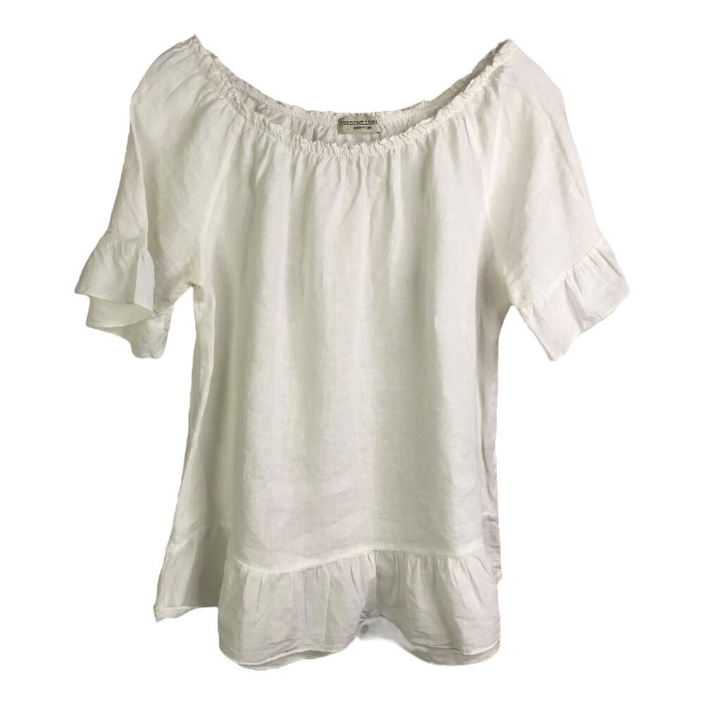 Terzo Millennio Top Wmns Size‎ Small White Linen Off Shoulder Ruffle Sleeve
